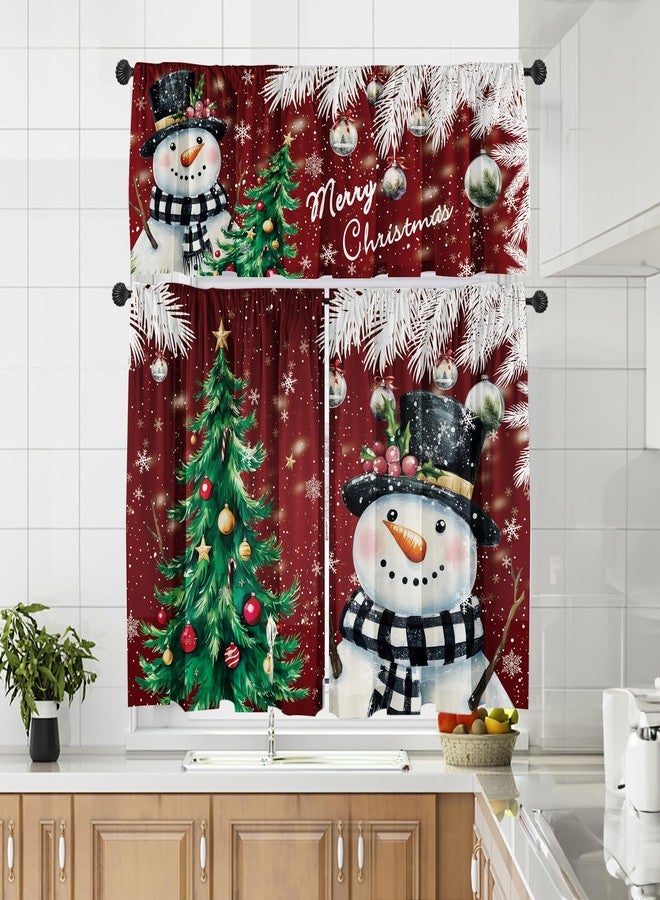 Deztibos Christmas Kitchen Tier Curtains and Valance Set, Snowman Xmas Tree Bird Snowflake Rustic Wood Grain Curtain Tiers Set for Living Room Cafe Rod Pocket Window 3 Piece, 52''x18''+26''x36''x2 - Image 4